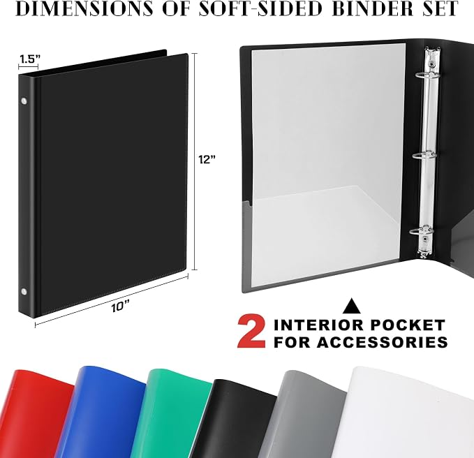 Fulmoon 48 Pack 3 Ring Plastic Binders 1.5 Inch Bulk with 2 Pockets, Flexible Binder Loose Leaf Hardcover, Fit 12" x 10" US Letter Size Paper, for School Office Home, 6 Colors(Classic)