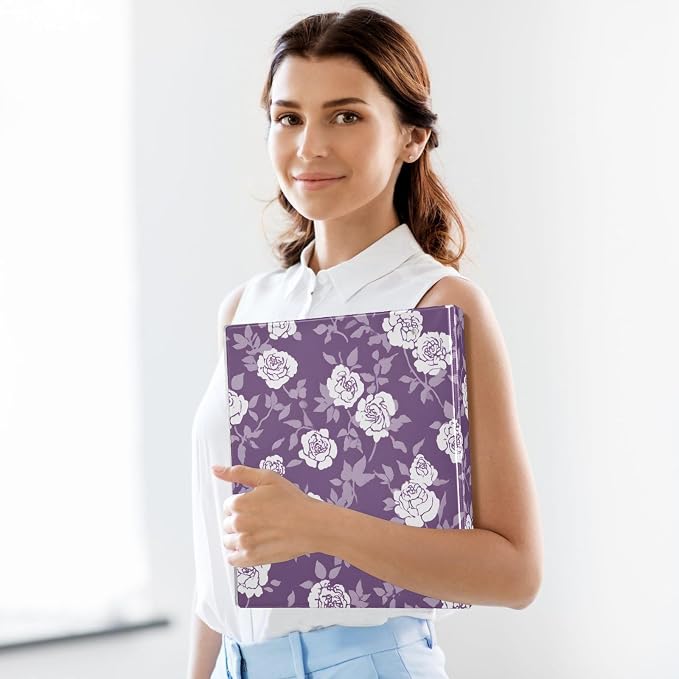 3 Ring Binder Flower Leaves Purple 1.5 inch Binders Three Ring Binders with Clipboard Fit 8.5'' x 11'' Paper 3 Interior PVC Clear Pockets for Office Supplies