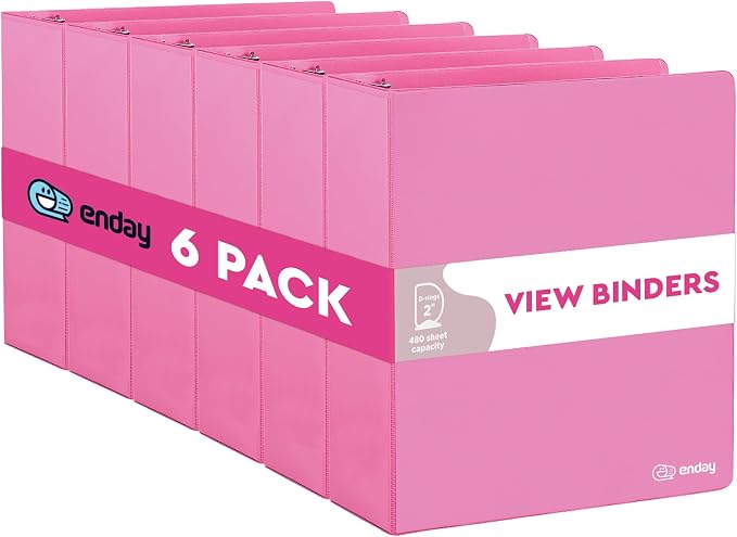 Enday 2 inch 3 Ring Binder (6 Pack - Pink) Binder 2 inch with Clear View Cover and 2 Inside Pocket - for Letter Size 8.5 x 11'' Paper, Ideal for School Supplies, Office, and Home