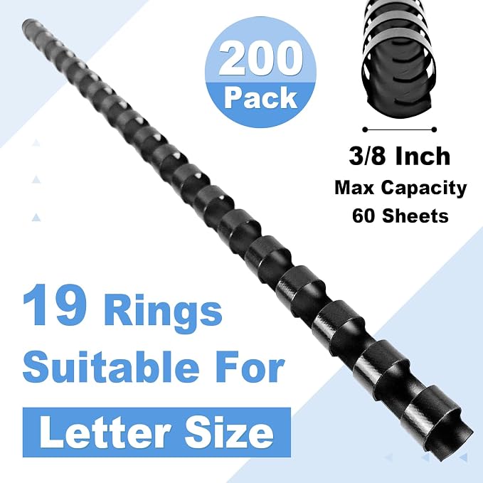 HOUYEE Plastic Binding Combs Spines 3/8 Inch(10mm),19 Rings, 200Pack, Black | Binder Combs for Letter Size Paper, 60 Sheets Capacity, for Book Binder Office School Supplies