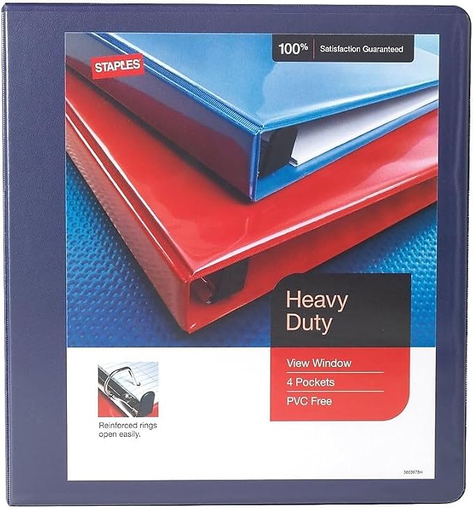 Staples Heavy Duty 1 1/2" 3-Ring View Binder, D-Ring, Blue, 4/Pack