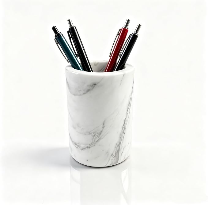 Marble Pen Holder, Minimalist Desk Stationery Cup for Home Office | Solid marble,Natural unique stone veins,Smooth polished finish,Weighted non-slip base,Stable anti-topple structure