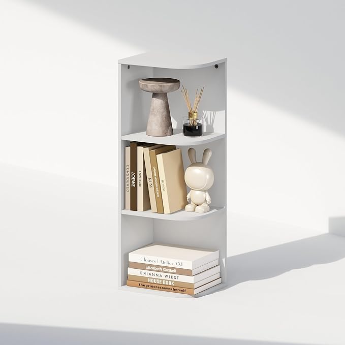 Furinno Reed Corner Shelf, 3-Tier Corner Bookshelf, Book Shelf, Corner Shelves, Storage Rack, for Organization and Storage, Home Office, Living Room, White