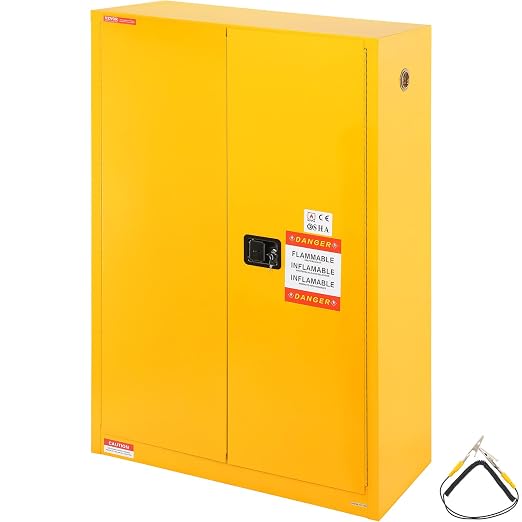 VEVOR Flammable Cabinet, 45 Gal, 18" x 43" x 65", Yellow | Cold-Rolled Steel, Explosion Proof, 2 Adjustable Shelves, 2 Manual Doors, Industrial Use