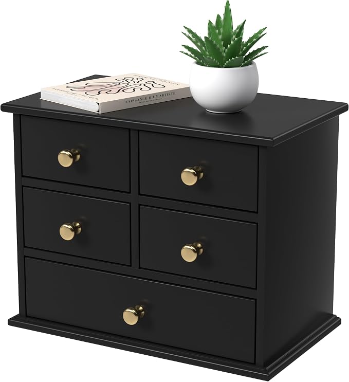 Oak Desk Organizer with Drawers, Durable Wooden Desktop Storage Box | 5 Drawer Tabletop Organizer with Metal Handles & Non-Slip Pads for Office, Bedroom, Bathroom, Vanity & Makeup Storage, Black