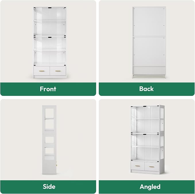 67" Display Cabinet with Glass Doors and 2 Drawers | White | RGB LED Lights, Pop-Up Glass Doors, Adjustable Shelves, Anti-Tip Design
