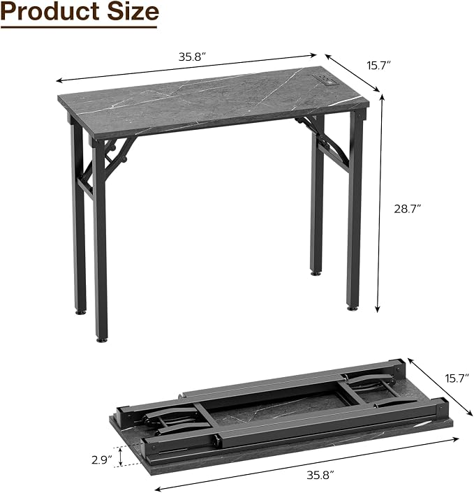 TEMI Small Computer Desk Folding Table - No Assembly, Compact 35.8" Foldable Desk with Power Outlets & USB Charging Port, Portable Small Office Desk, Ideal Mini Study Table, Marble Greige