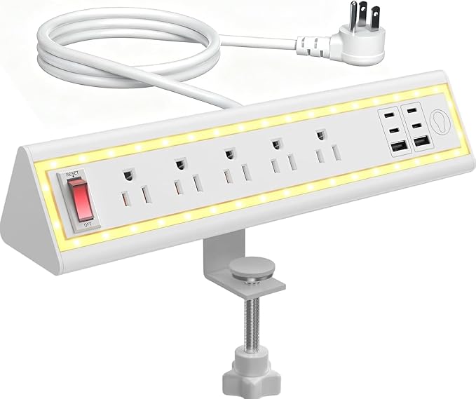 Desk Clamp Power Strip with Nightlight, 40W Fast Charging, 10FT Extension Cord, 4x20W USB-C & 2 USB Ports, 5 AC Outlets, Fits 1.69-Inch Table Edges