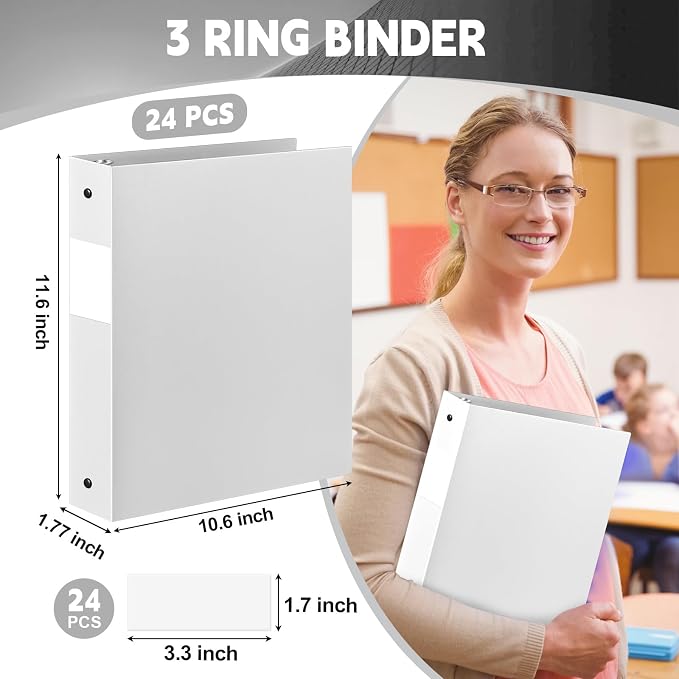 Henoyso 24 Pcs 1.5 Inch 3 Ring Binders, Letter Size,White | Binders Bulk, Holds 350 Sheets, Round Rings, Durable Flexible PP Plastic Covers, Pockets Labels, School Office Supplies