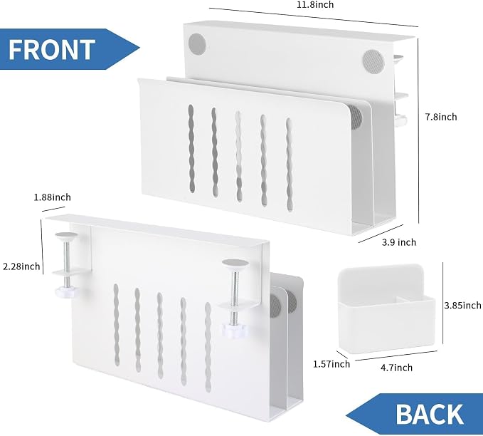2 Tie Desk Side Storage, Under Desk Storage Organizer, White | osseph Desk Shelf, Standing Desk Accessories, Magnetic File Holder, No Drill Clamp to 0.5-2.38" Desks, 30 Lbs Carbon Steel