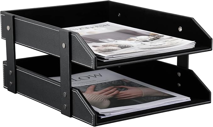 Letter Tray, Leather Paper Organizer Tray, Wooden Desk File Holder, Desktop File, Stackable Magazine Holder, Mail Sorter, Great for Home or Office - 2 Level Black