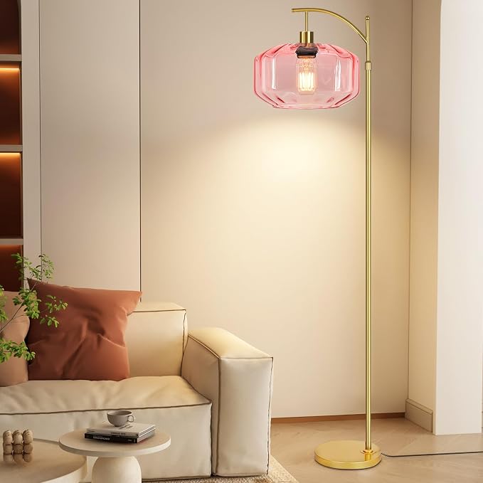 Gold Floor Lamps for Living Room Bedroom,Glass Floor Lamp with Remote Control & Pink Lampshade,Arc Dimmable Floor Lamp Mid Century Modern Standing Lamp Vintage Tall Floor Lamps for Bedroom Corner