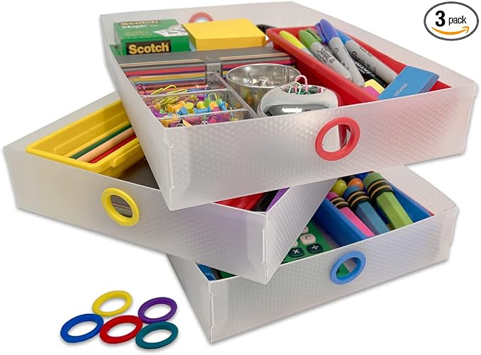 Ultimate Office TierDrop Supply Drawers, 9w x 12d x 2.25h, Set of 3, Clear | Color-coded finger rings for easy access to contents; stores desk accessories and supplies; designed for TierDrop organizers