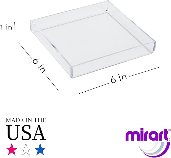 Clear Acrylic Organizer Tray, 6 x 6 Low-Profile Display & Vanity Tray – BPA-Free, Bathroom, Desk, Decor & Serving (Dry Use Only) - Made in USA