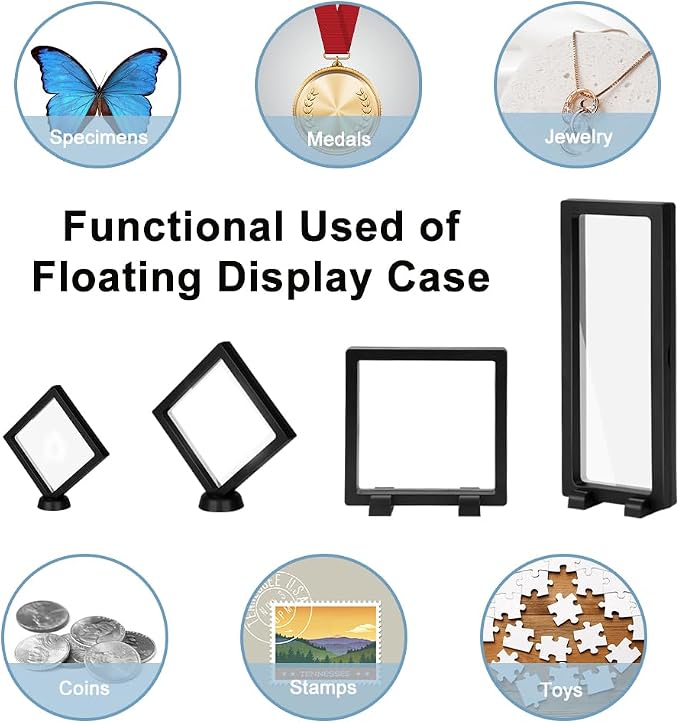 RETON 40 Pack 3D Floating Frame Display Case with Bases, Challenge Coin Display Holder Stands, Large Suspension PE Transparent Jewelry Storage Boxes for Medallions Specimen Stamps