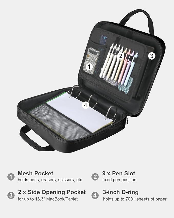 3 Inch Zipper Binder 3 Ring with Shoulder Strap & Multi-Pocket | Binder with Zipper Holds Up to 700 Sheets for Office School, Compatible with 13” MacBook Laptop ipad, Black