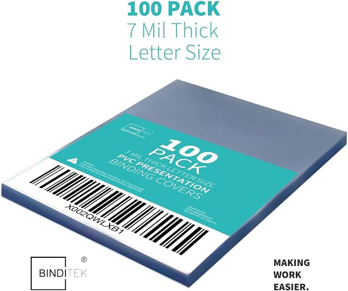 Binditek 7 Mil PVC Binding Covers, 8.5 x 11 Inches, Clear, 100 Pack | Plastic Binding Covers, 8.5" x 11" Letter Size, Clear, Square Corners, Unpunched, Ideal for Business Reports and Proposals