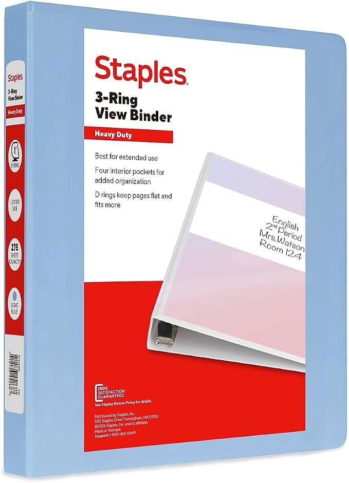 Staples Heavy-Duty 1-Inch 3-Ring View Binder, D-Ring, Light Blue | Durable binder for everyday school and office document organization.