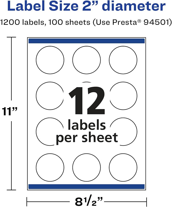 Avery® Matte White Round Labels, Sure Feed® Technology, 2" Diameter, 1,200 Matte White Printable Labels