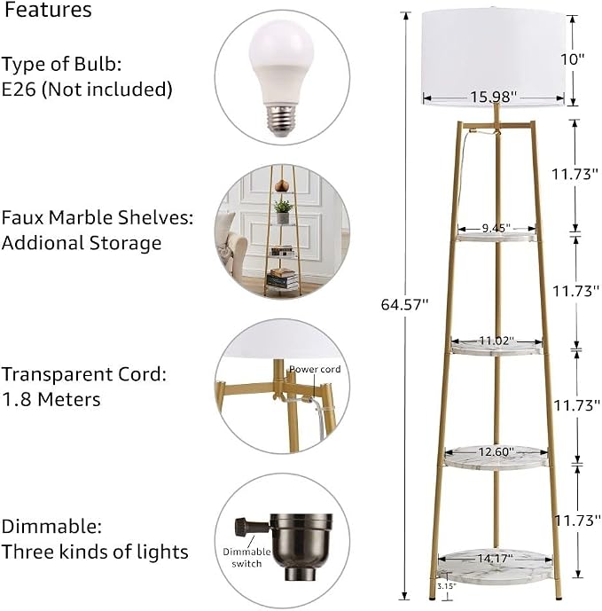 ROSEN GARDEN Floor Lamp, Standing Reading Light with Shelves and Fabric Shade, Modern Tall Pole Lamp, Accent Furniture Décor Lighting for Living Room, Bedrooms (Gold, 4-Tier)