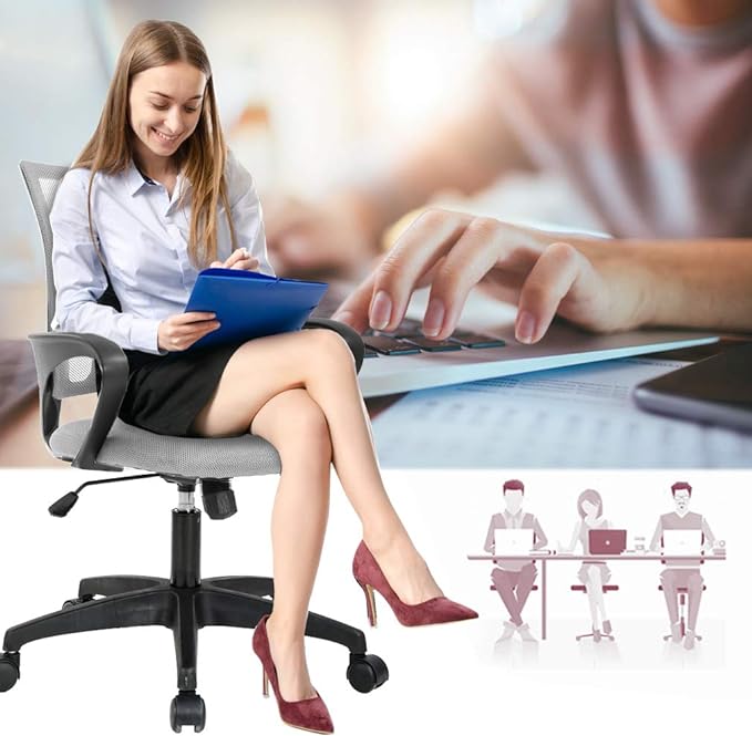 BestOffice | Ergonomic Office Chair | Mid-Back Swivel Desk Chair | Breathable Backrest & Lumbar Support | Adjustable Height | Sponge Seat | Rolling Wheels | Grey | for Adults & Women | Pack of 2