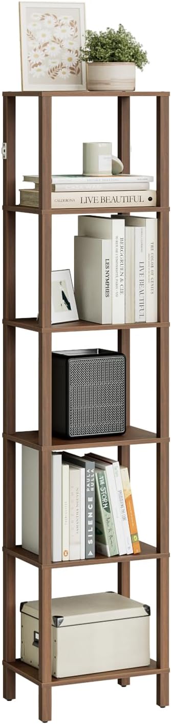 Open Book Shelf, 6 Tier Tall Bookshelf, Freestanding Shelf Narrow Bookcase with Open Shelves, 14.57" x 10.63" x 65.83", Book Shelves for Living Room, Office, Study, Walnut