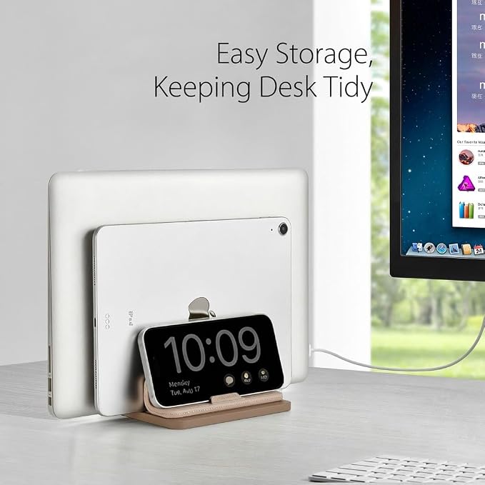 Dual Vertical Laptop Stand, 3 in 1 Upright Desktop Stand Holder with Adjustable Dock (Up to 17.3''), Leather Laptop Rack Storage Desk Organizer for Phone, Tablet, MacBook/HP/Dell/Chrome Book (Apricot)
