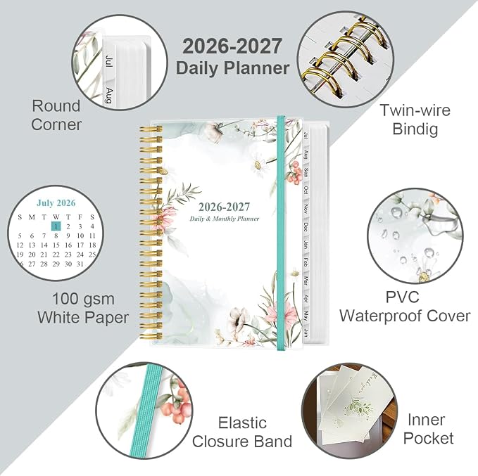 Daily Planner 2026-2027 Full Page Per Day- 2026-2027 Daily & Monthly Planner from July 2026 to June 2027, Day Planner 2026-27 with 12 Months Tabs, 6.4" x 8.5", Pink Flowers