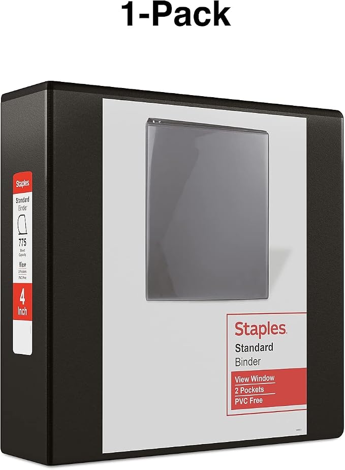 Staples Standard 4-Inch D-Ring View Binder, Black, 775 Sheets | Large-capacity binder for office and school document storage.