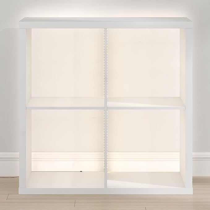 Furinno Cubicle Book Shelf with LED Lights, 4-Cube Bookshelf, Reversible Extra Thick Frame Bookcase, Display Storage Shelves, for Living Room, Bedroom, Home Office, White