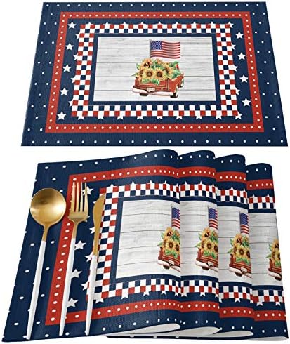 Fourth of July USA American Flag Farm Trucks Placemats Set of 4, Blue Red White Stripes Stars Rustic Wooden Buffalo Check Heat Resistant Washable Table Mats Decoration for Kitchen Dining Outdoor