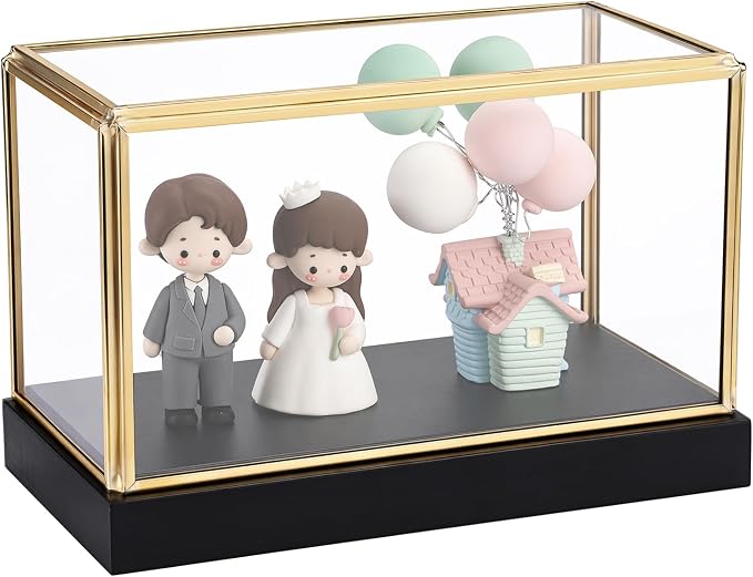 Hipiwe Glass Display Case for Collectibles Vintage Gold Display Case Box | Rectangular Glass Box for Figurine Models Plants Metal Frame Keepsake Box with Black Wood Base, 7.5"x4"x5"