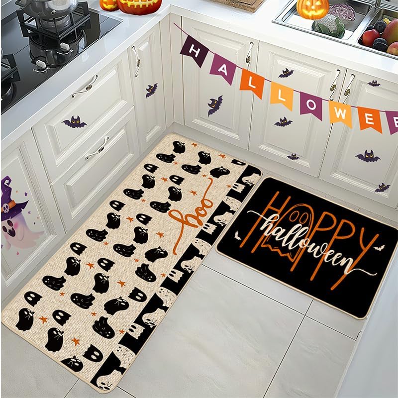 Baccessor Happy Halloween Kitchen Mats Set of 2, Spooky Ghost Kitchen Rugs for Floor Low-Profile Farmhouse Halloween Party Home Kitchen Decor 17x29 and 17x47 Inch