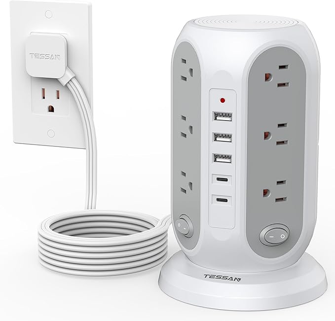 TESSAN Tower Power Strip Surge Protector, Flat Extension Cord 10 Ft, Grey | Individual Switches with 12 Outlets, 5 USB Ports(2 USB C), Flat Plug, Charging Station for Multiple Devices, Office, Dorm