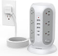 TESSAN Tower Power Strip Surge Protector, Flat Extension Cord 10 Ft, Grey | Individual Switches with 12 Outlets, 5 USB Ports(2 USB C), Flat Plug, Charging Station for Multiple Devices, Office, Dorm