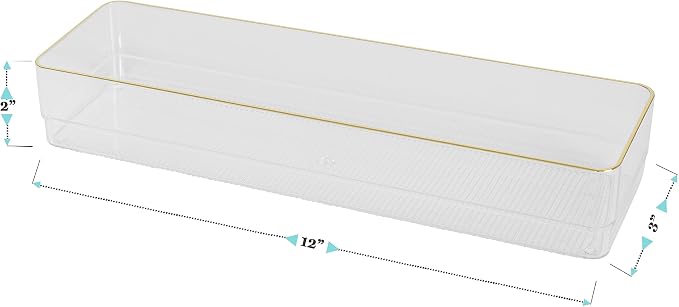 Martha Stewart Kerry Stackable Desk Drawer Organizers, Clear/Gold, 6-Pack | 12x3 in Organizers, Gold Trim, Stackable