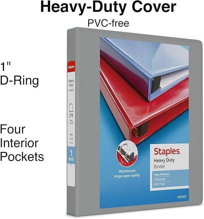 Staples Heavy-Duty 1-Inch D-Ring View Binder, Reinforced Spine, Holds Up to 275 Sheets, Gray, for Office & School