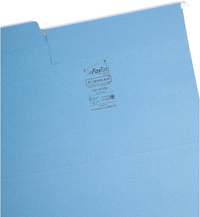 Smead FasTab Hanging File Folder, 1/3-Cut Built-in Tab, Legal Size, Assorted Primary Colors, 18 Count (64153)