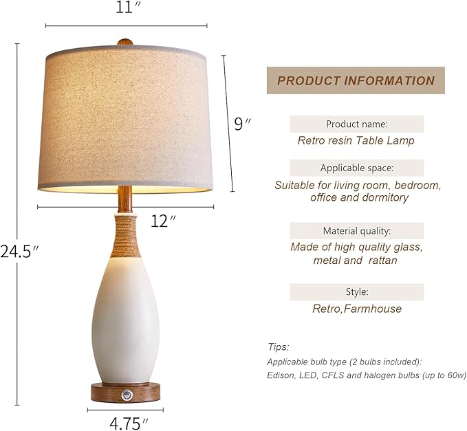24.5” 3-Way Dimmable Touch Control Bedside Table Lamp Set of 2 with USB and Type-C Charging Ports Modern Farmhouse Nightstand Lamp for Bedroom Living Room (Bulb Included)