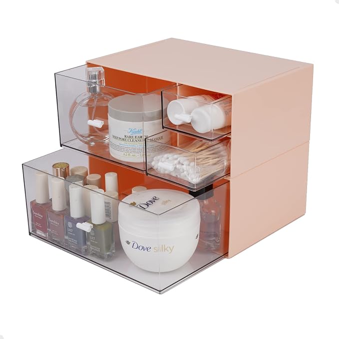 Stackable Storage Drawers, Office Desk Organizer with 4 Mix Drawers | Pink, Plastic Mini Desktop Storage Box, Tabletop Small Craft Drawer for Office Supplies, Makeup Desk Organizer and Accessory