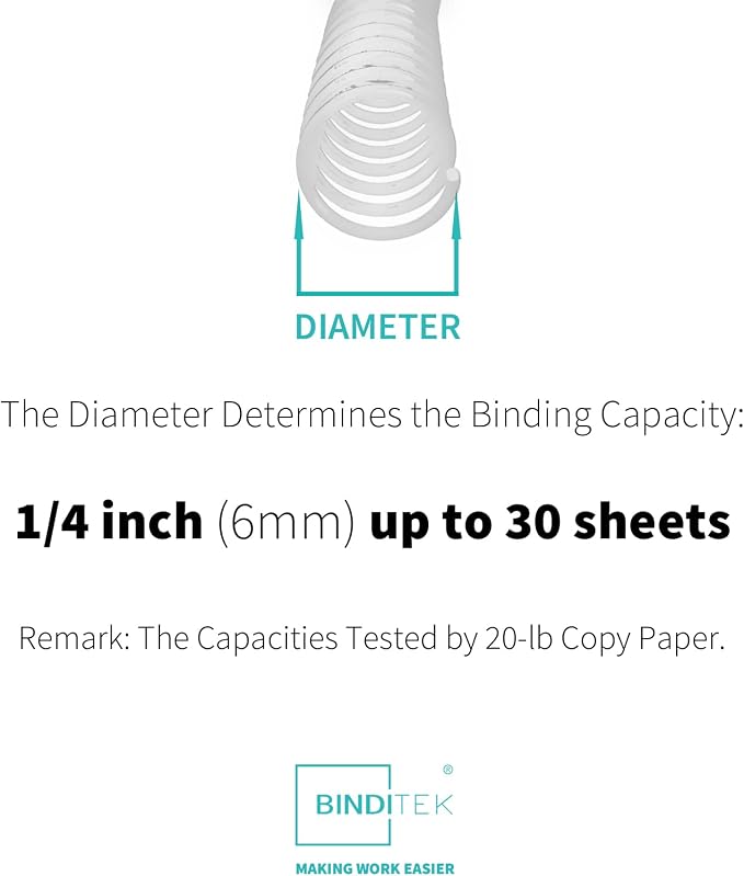 Binditek Plastic Spiral Binding Coils, 6 mm, 4:1 Pitch, White, 50 Pack | Coil Binding Spines, 1/4", 30 Sheet Capacity, 48 Loops, for Letter-Size Reports, Presentations, School and Office Projects