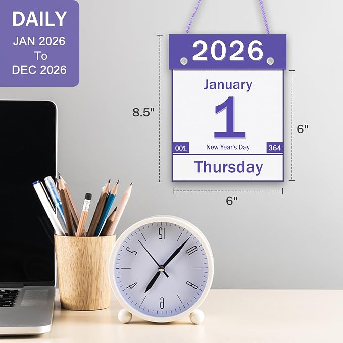 2026 Daily Wall Calendar, Tear off Page per Day with Large Print Dates | 365 Day Calendar for Seniors Gift Home Office School Dorms with Hanging String, 8.5" x 6", Purple