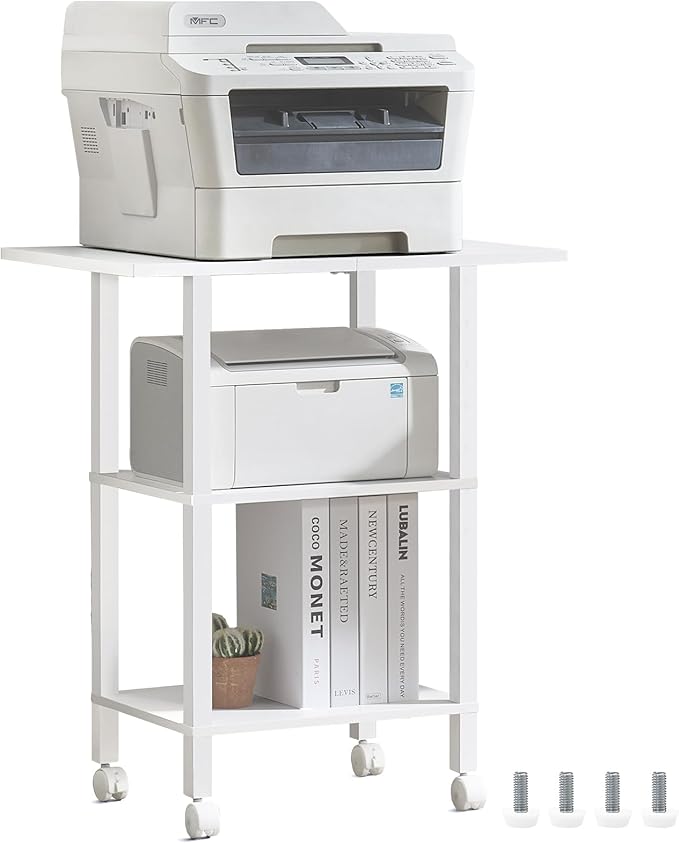YUFAM 3 Tier Home Printer Stand with Storage, White | Wooden Mobile Printer Table Shelf, Rolling Printer Cart Shelf with Lockable Wheels fit Fax Machine, Scanner