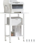 YUFAM 3 Tier Home Printer Stand with Storage, White | Wooden Mobile Printer Table Shelf, Rolling Printer Cart Shelf with Lockable Wheels fit Fax Machine, Scanner