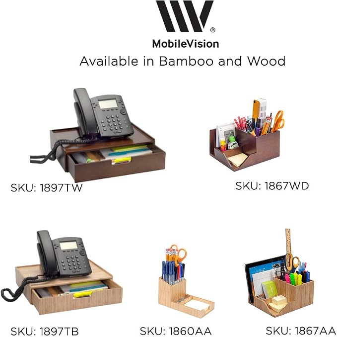 MobileVision Bamboo Telephone Stand with Drawer Stackable Storage Solution for Office Products Pens, Pencils, Scissors, Notepads, Business Cards and More