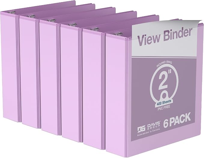 Pack of 6 Premium View Binders, Ring Binders with Clear-View Cover and Interior Pockets, Pastel Color Options, 2 Inch, Lavender