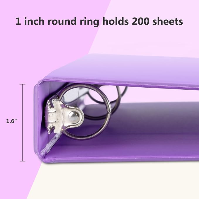 ViVin 1 Inch Round Ring View Binder for Durability, 6-Pack (Purple) | Standard 3 Ring Binder for 200 Sheets of US Letter Size Paper, PVC-Free, Clear View Cover, Office Home School Use