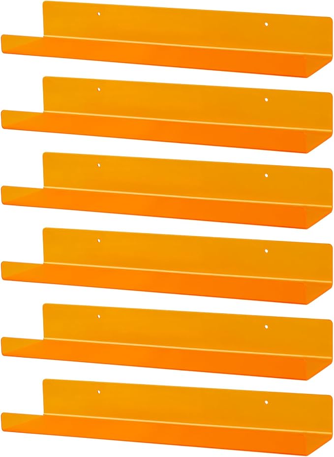 Dezzer 6 Pack Acrylic Shelves for Wall, 15" Acrylic Floating Shelves for Bathroom Bedroom, Invisible Bookshelf Wall Ledge Storage Shelf Books Perfume Toys Action Figure Display Shelves, Clear Orange