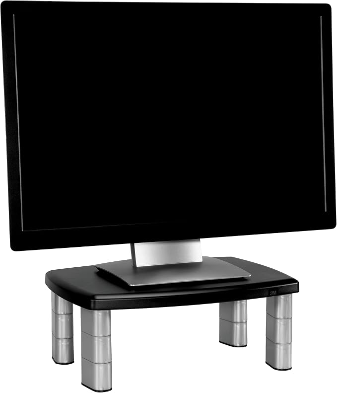 3M Adjustable Monitor Stand, Three Leg Segments, Simply Adjust Height from 1" to 5 7/8", Holds Up to 80 lbs, 11" Space Between Columns, Silver/Black (MS80B)