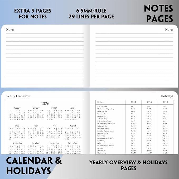 2026-2027 Planner - Weekly and Monthly Planner, Oct 2026 - Dec 2027, Holidays, Contacts and Notes Pages, Vegan Leather Cover, Elastic Closure, 5.5"x8.25", Grey